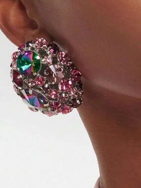 Crystal Cluster Clip-On Earrings in Pink and Iridescent